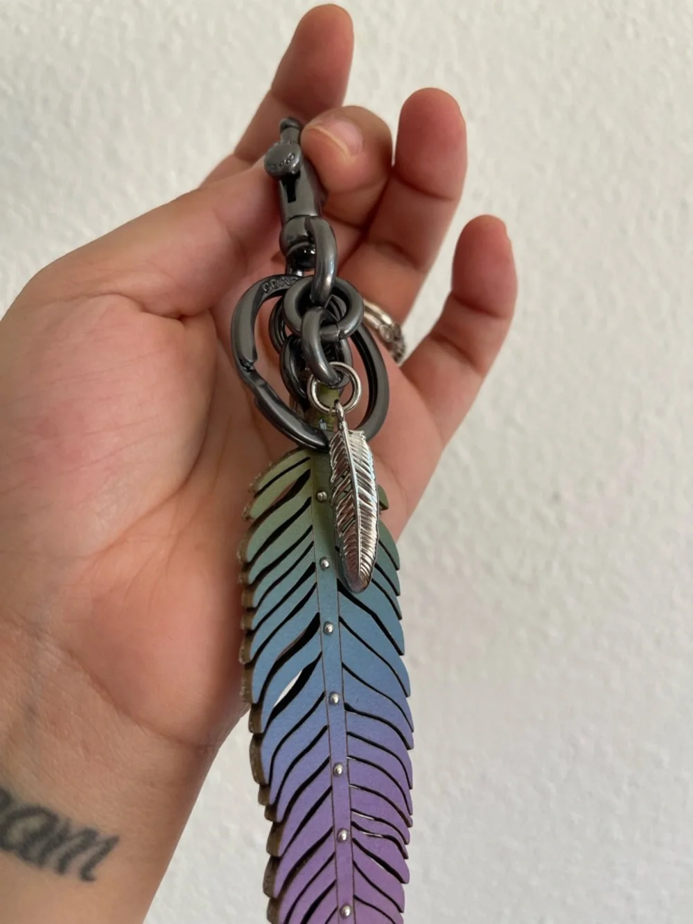 Coach Ombre Feather Key Charm in Green Blue Purple Pink - Picture 4 of 5
